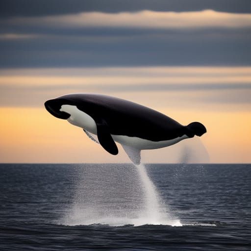 Powerful Orca in Ocean Sunset: Ansel Adams Style