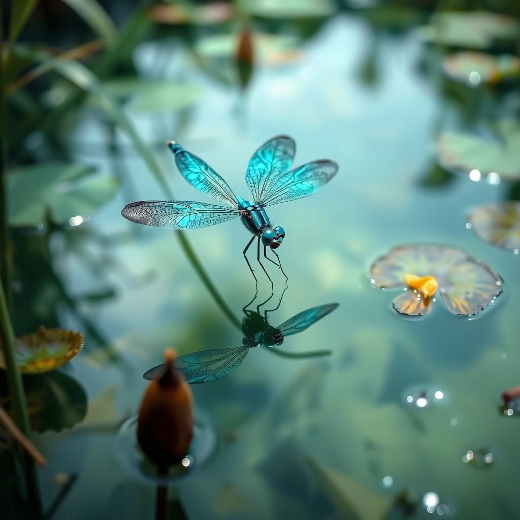 Dragonfly with Glowing Wings over Pond