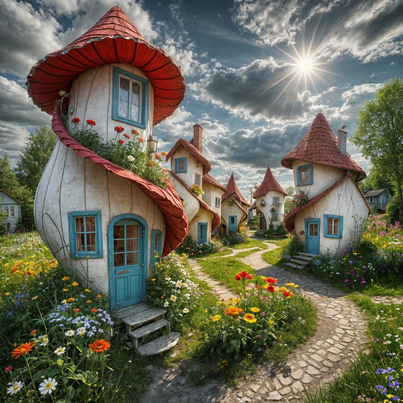 Twisted whimsical surreal twisting village flower houses.