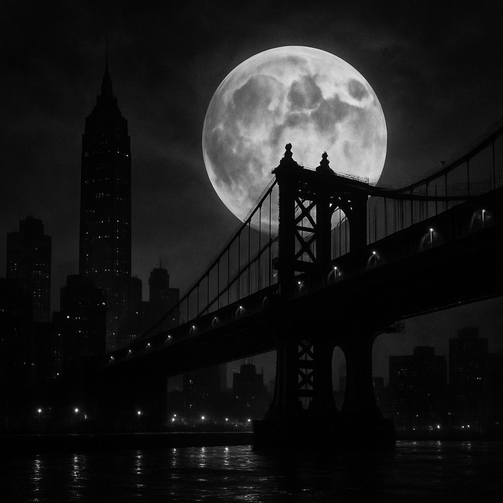 Dramatic Black and White Nocturnal Cityscape with Bridge and...
