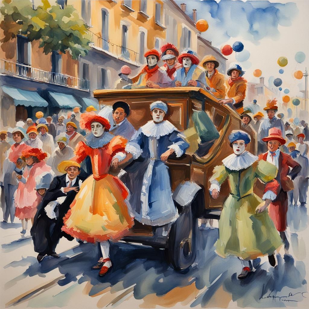 Festive Street Carnival at Night in Gouache Style