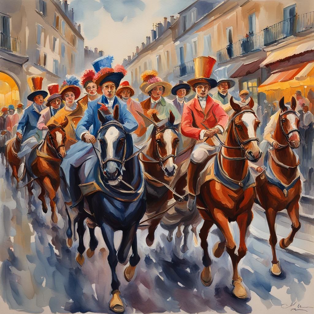 Carnival Street Procession: Gouache Style Impressionist Pain...