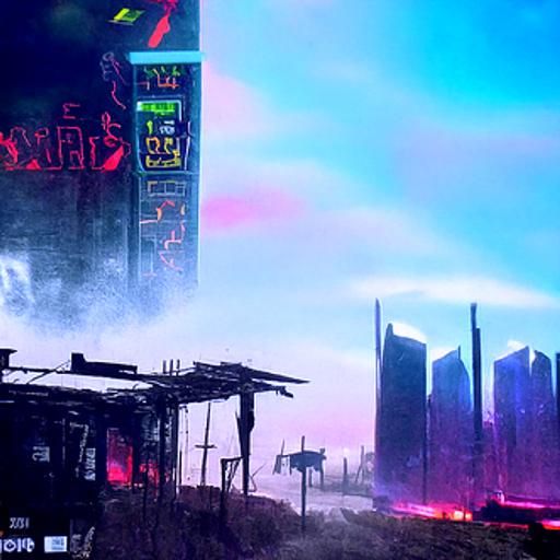 Cyberpunk Wasteland: Burning Buildings in Dystopia