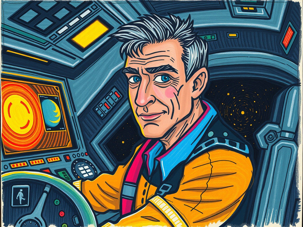 Crayon Drawing: Rugged Captain in Spaceship Cockpit