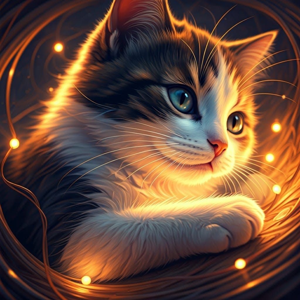 Calico Cat in Fairy Lights: Digital Art Portrait