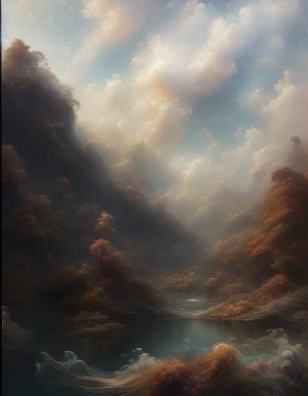 Majestic Mountains and Waterfall in Autumn Oil Painting