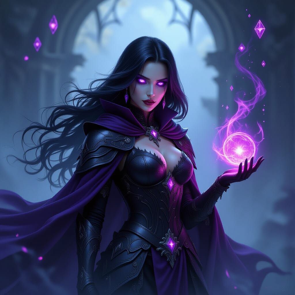 Mysterious Sorceress in Gothic Armor with Amethyst Accents
