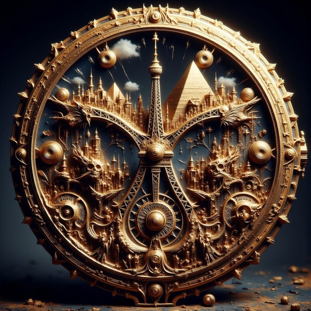 Golden Watch Topped with Eiffel Tower and Pyramid