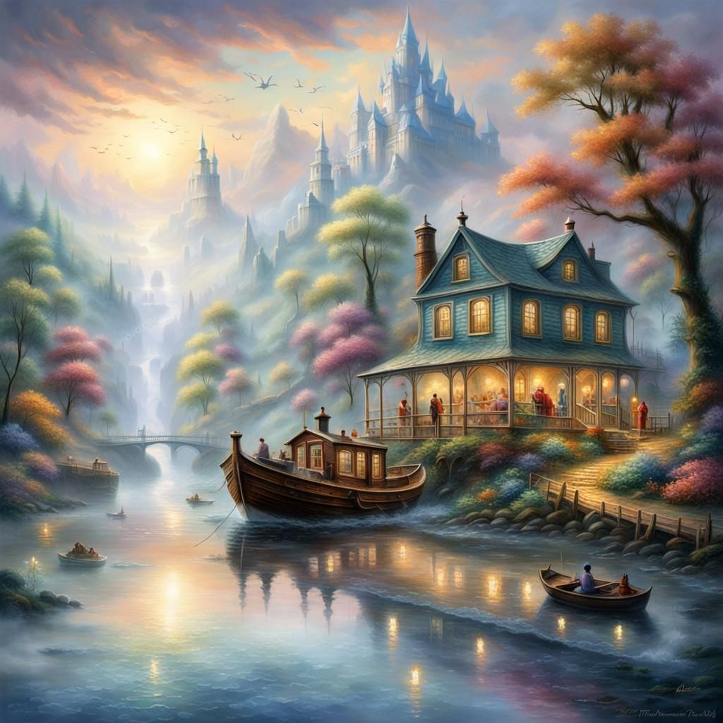 Boat Floats Down River of Time in Dreamscape