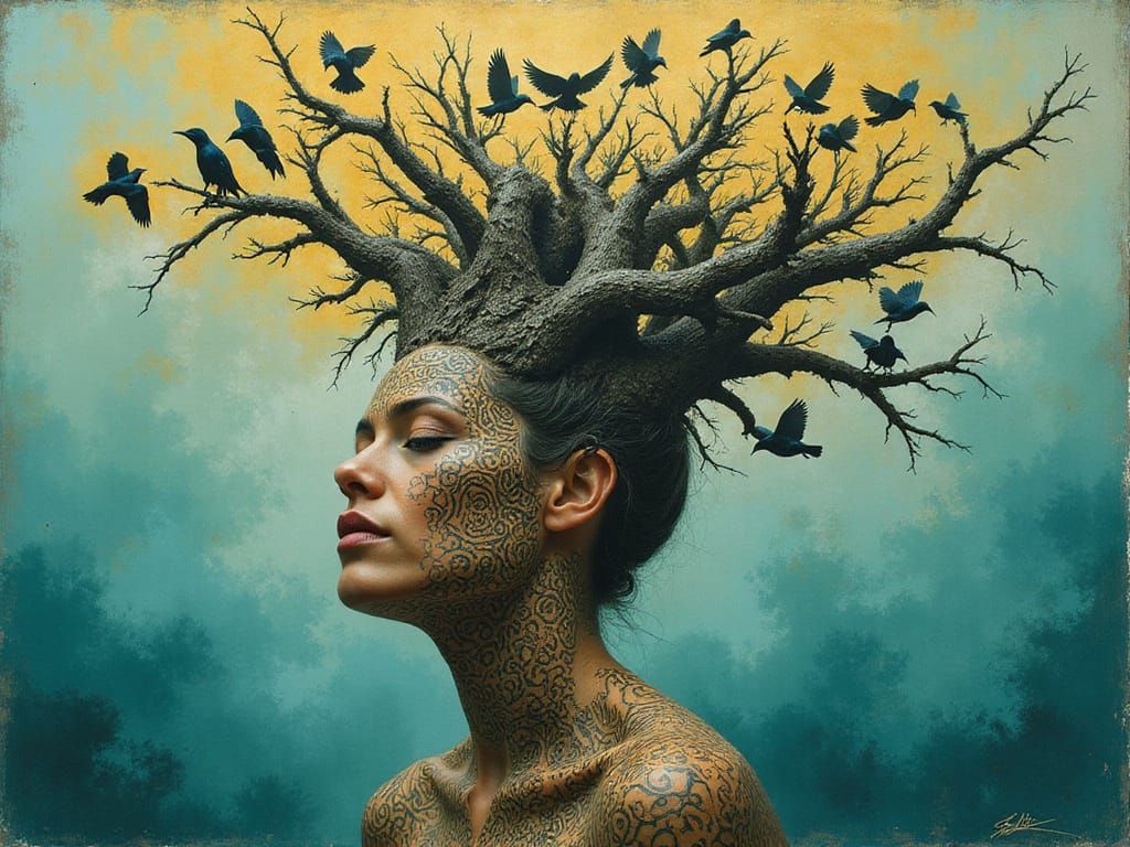 Surrealist Woman with Fractal Patterns and Gnarled Tree