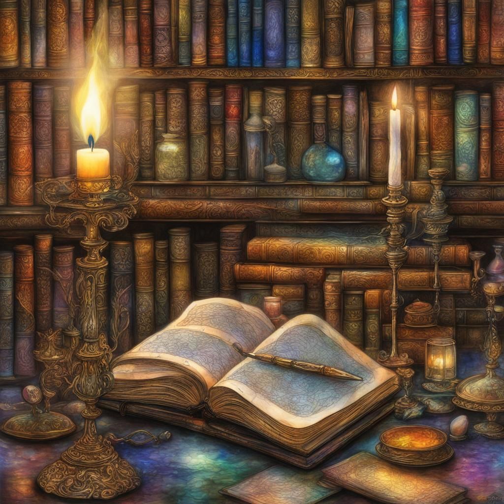 Candlelit Library Scene with Iridescent Details