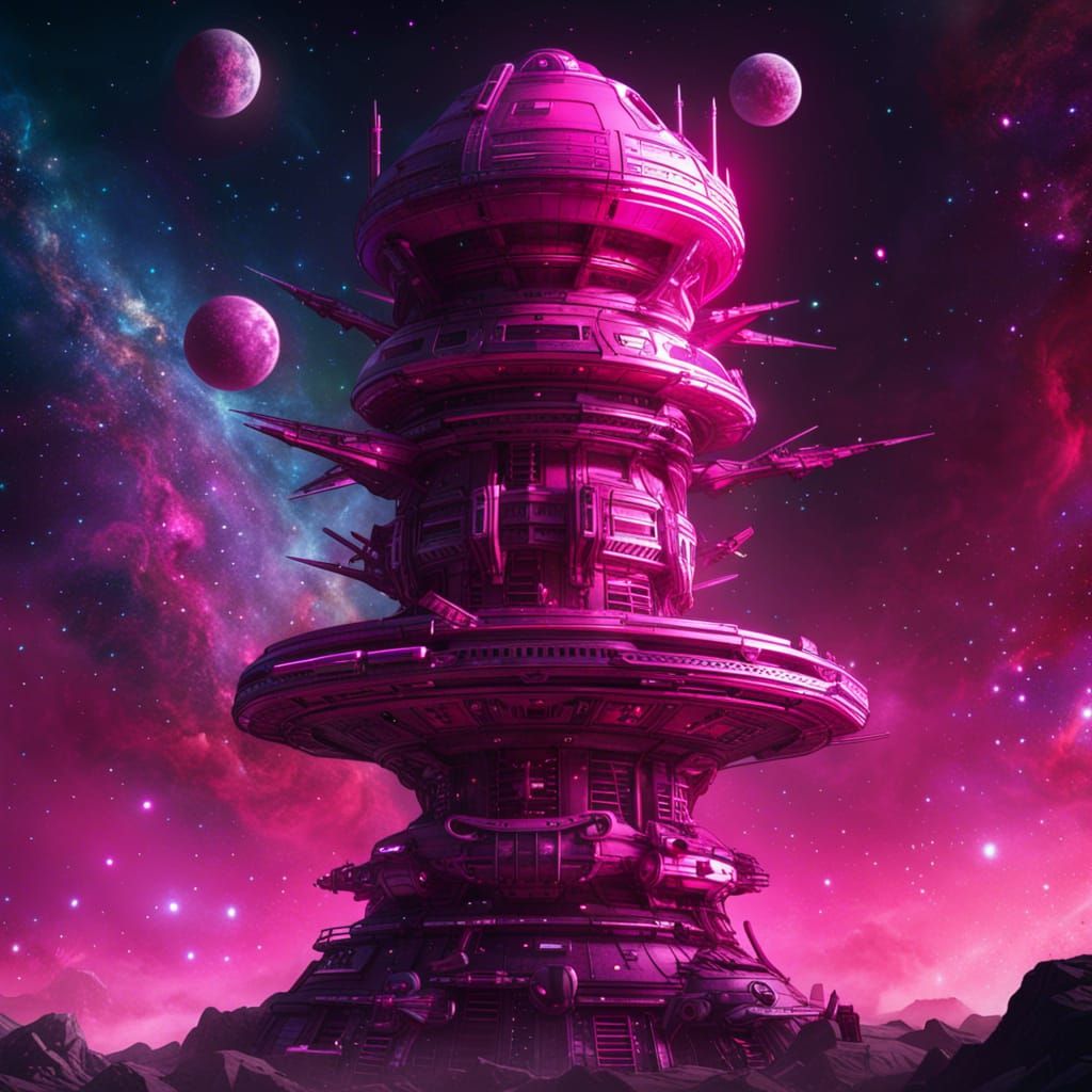 Pink Spaceship Tower in Galaxy, Digital Art