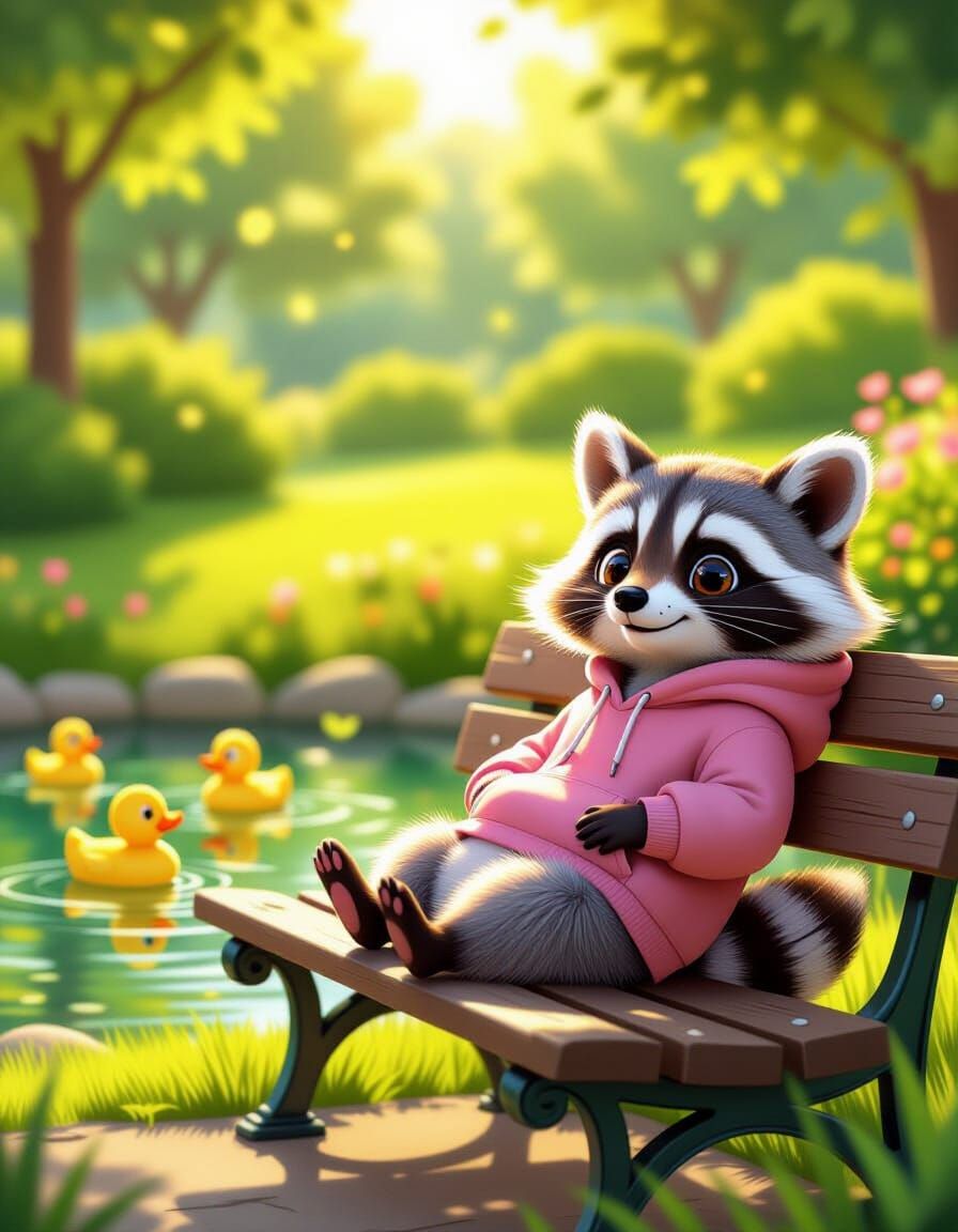 Cute Raccoon Relaxing in Sun-Dappled Park