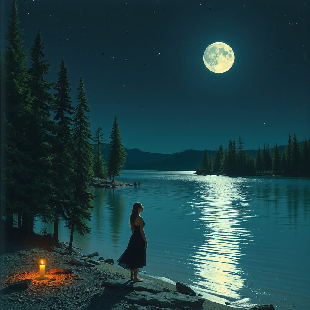 Ethereal Woman at Lakeside Under Moonlight