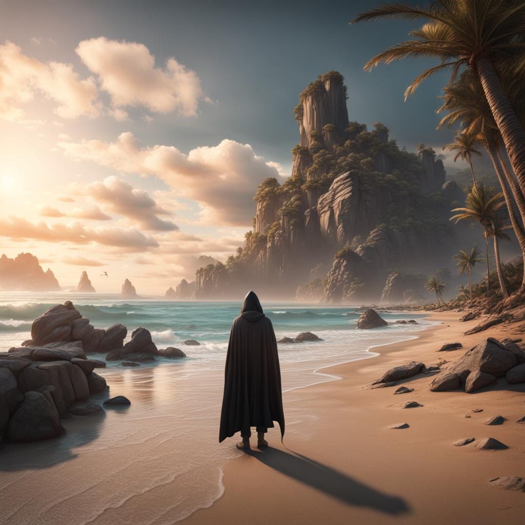 Cloaked Figure Overlooking Beach Landscape