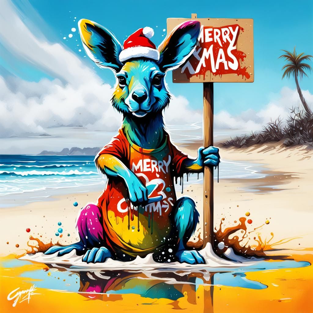 Kangaroo's Merry Xmas Graffiti Art on the Beach
