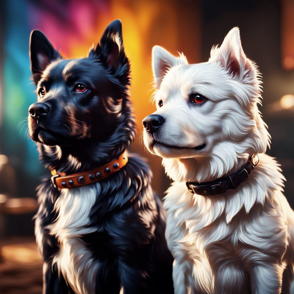 White Dog and Black Dog in Hyperrealistic Splash Art