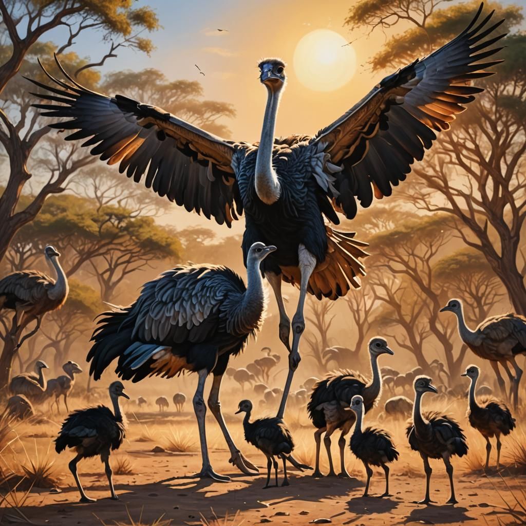 Ostrich Mother Protects Babies: Hyperrealistic Oil Painting