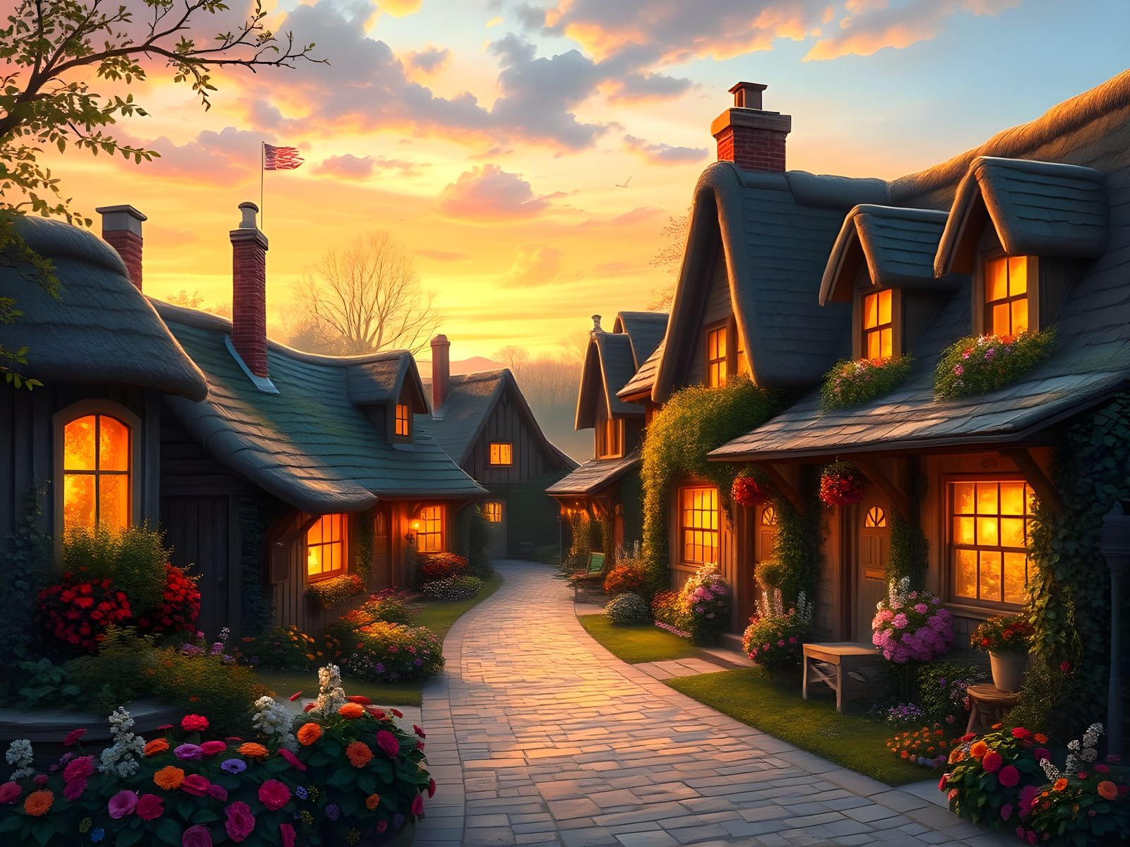 Idyllic Village Scene in Whimsical Romantic Style