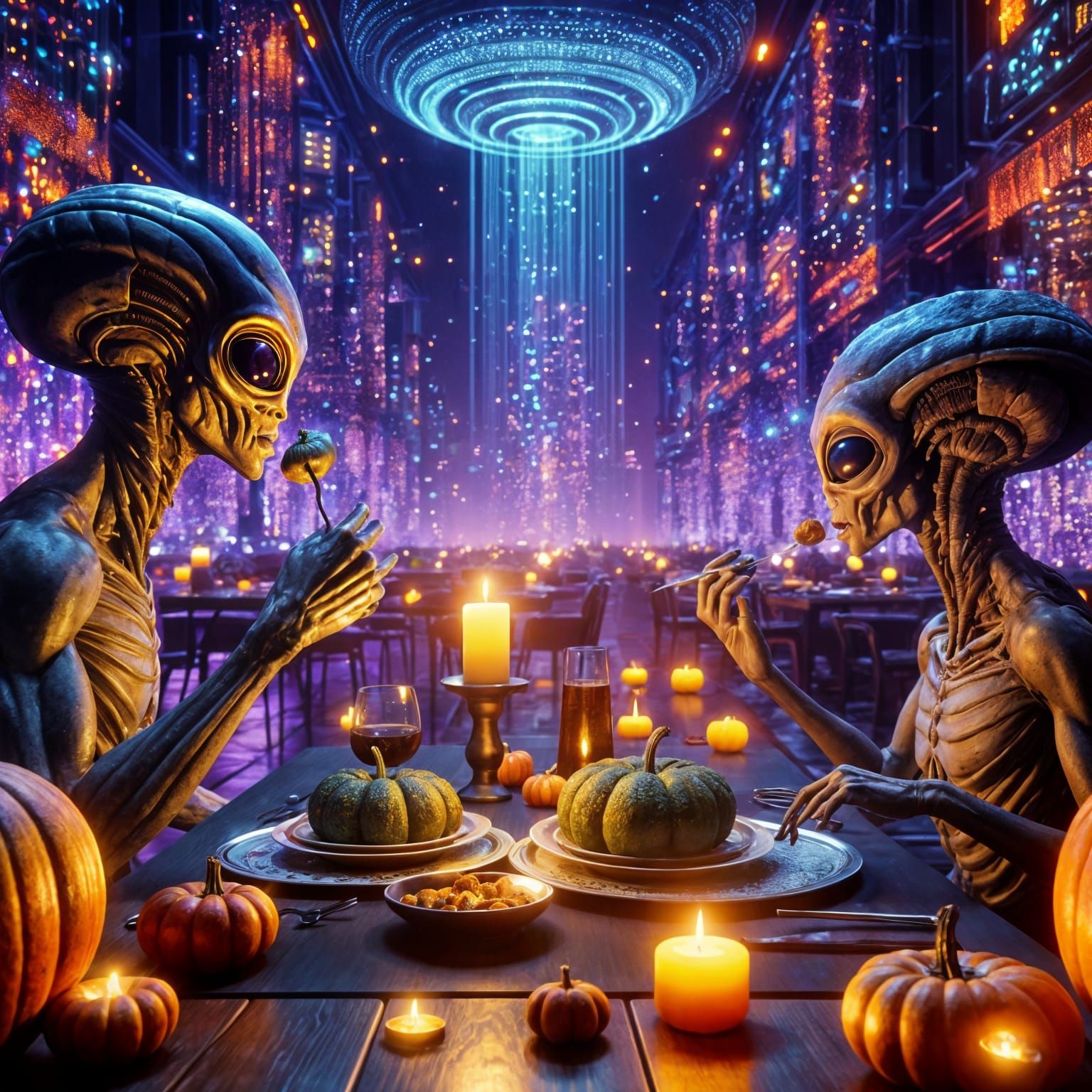 Aliens Enjoying a Pumpkin Dinner in Sci-Fi Restaurant