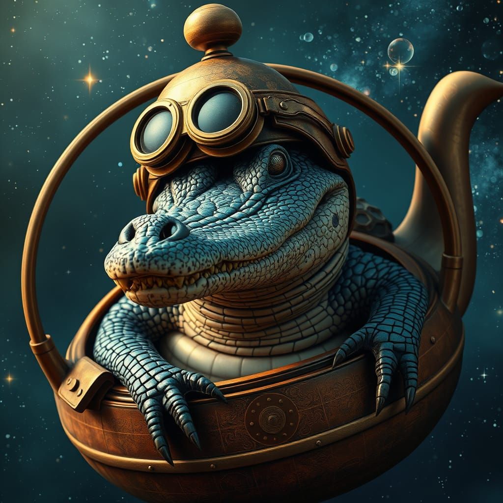 Steampunk Alligator Space Pilot in Vintage Tea Pot Ship