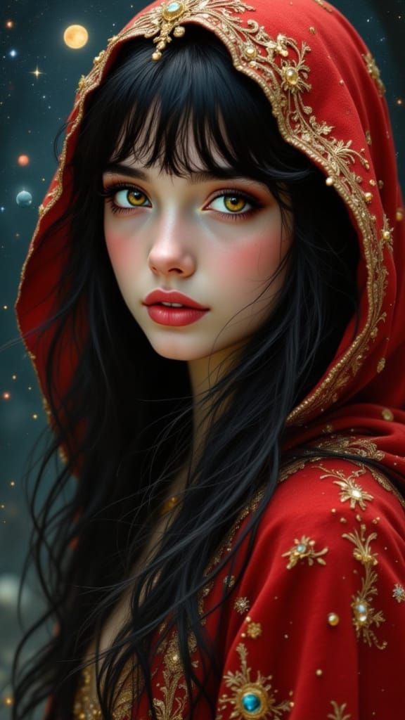 Mysterious Girl in Space with Red Cloak