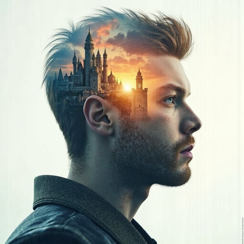 Man Contemplates Cosmic Kingdoms and Sunset Landscapes