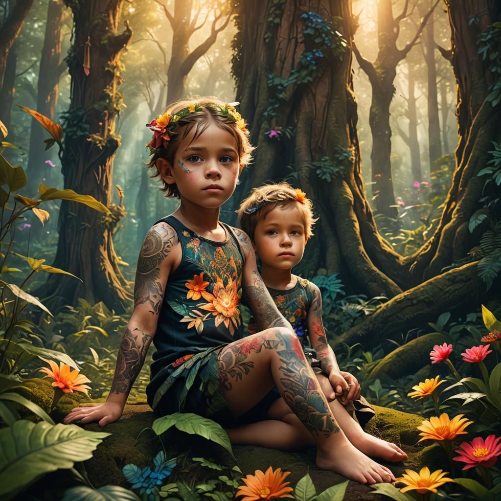Child with Tattoos in Fantasy Forest, Art Nouveau