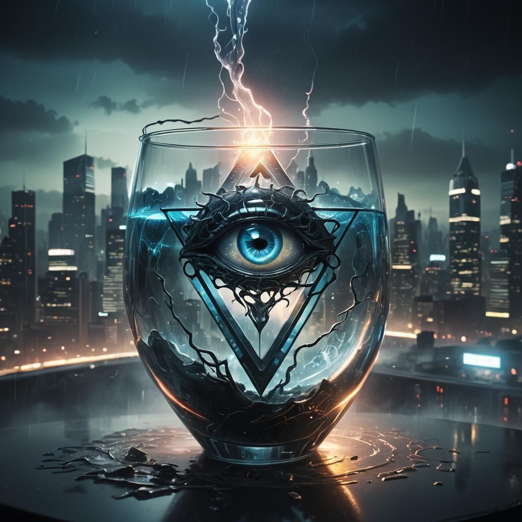 Ominous Dark Fantasy Cityscape with Glowing Shape