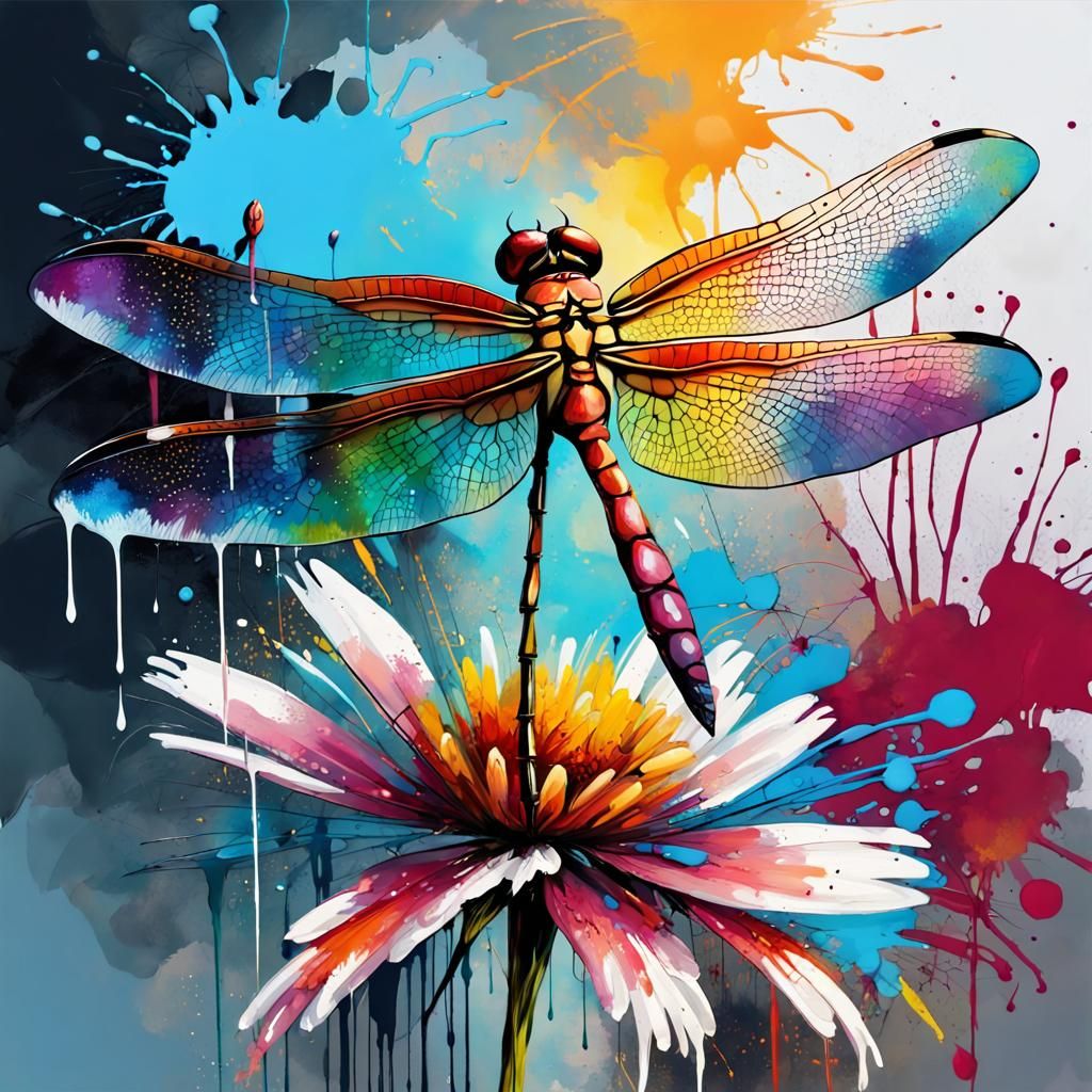 Dragonfly on Flower in Maximalist Speedpaint Style