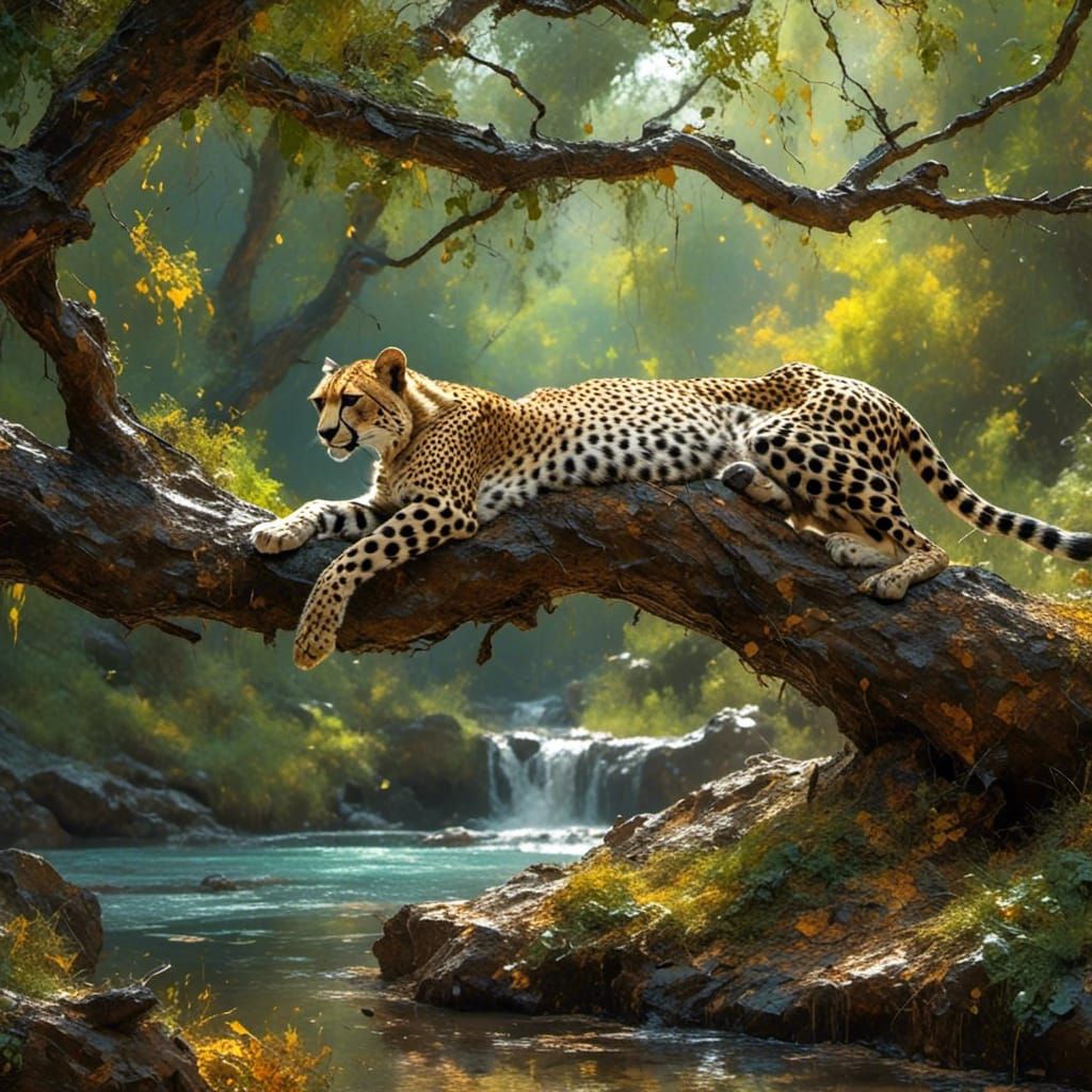 A cheetah is lying on a broad tree branch