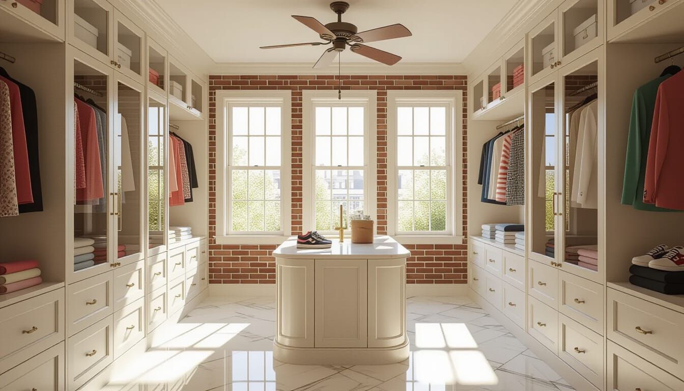 Victorian Walk-In Closet with Brick Walls and Glass Cabinets