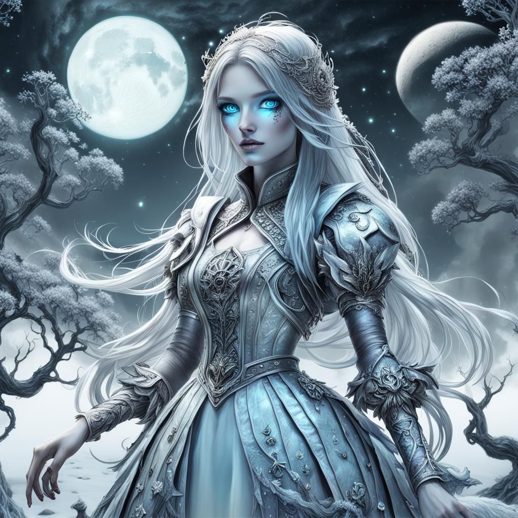 Alice and Bioluminescent Moon: Liquid Platinum Detail