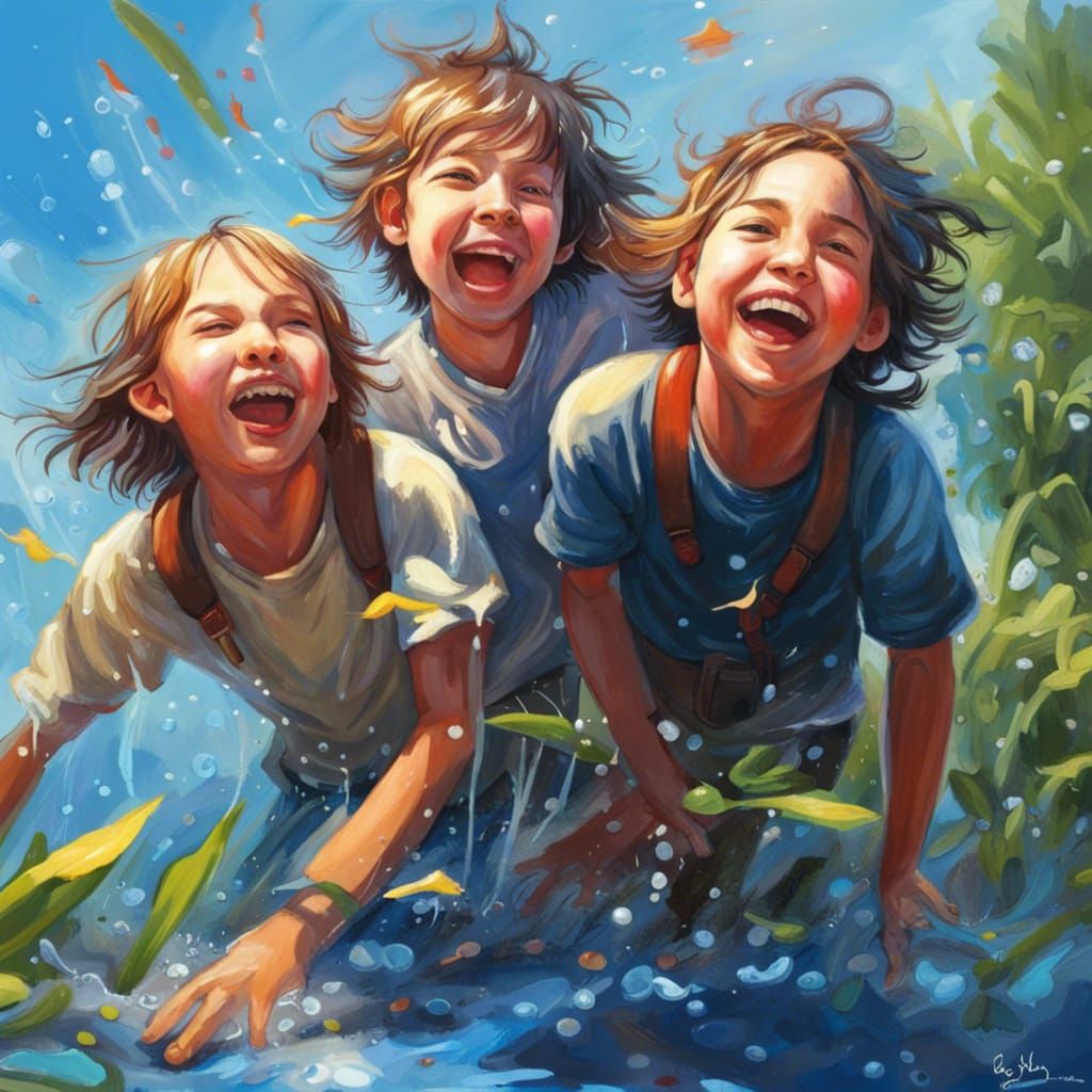 Children's Friendship by Pond in Hyperrealistic Splash Art