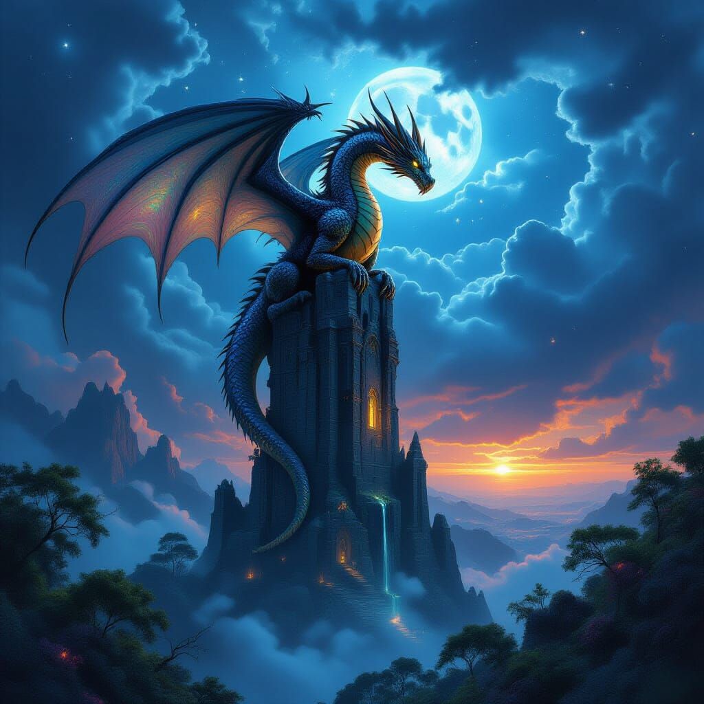 Ancient Dragon on Obsidian Tower in Starry Sky
