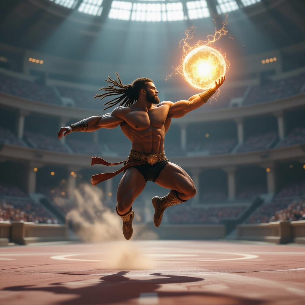 Muscular Figure Leaps With Energy Orb in Surreal Arena