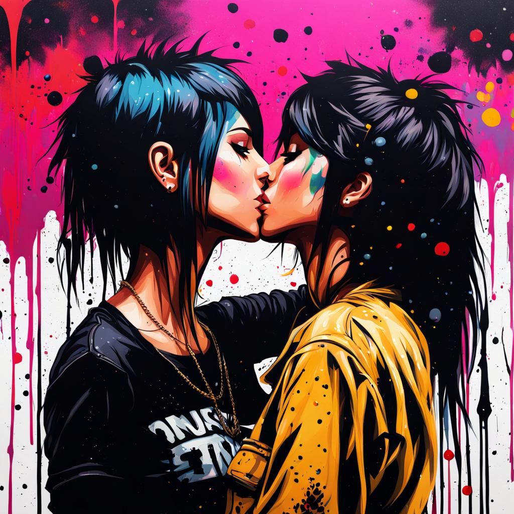 Lesbian Couple Kissing in Dreamcore Oil Painting
