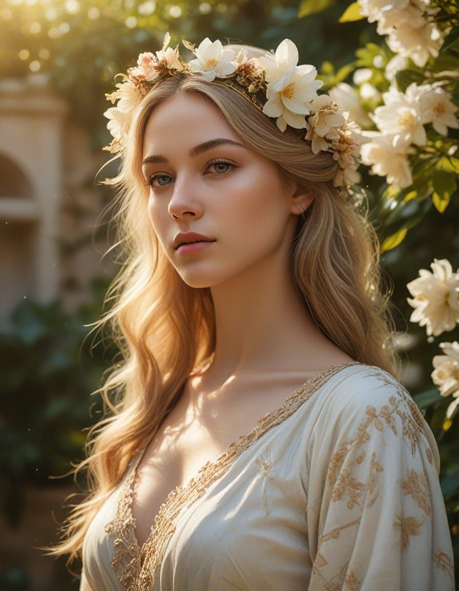 Serene Goddess in Floral Garden, Impressionism Art