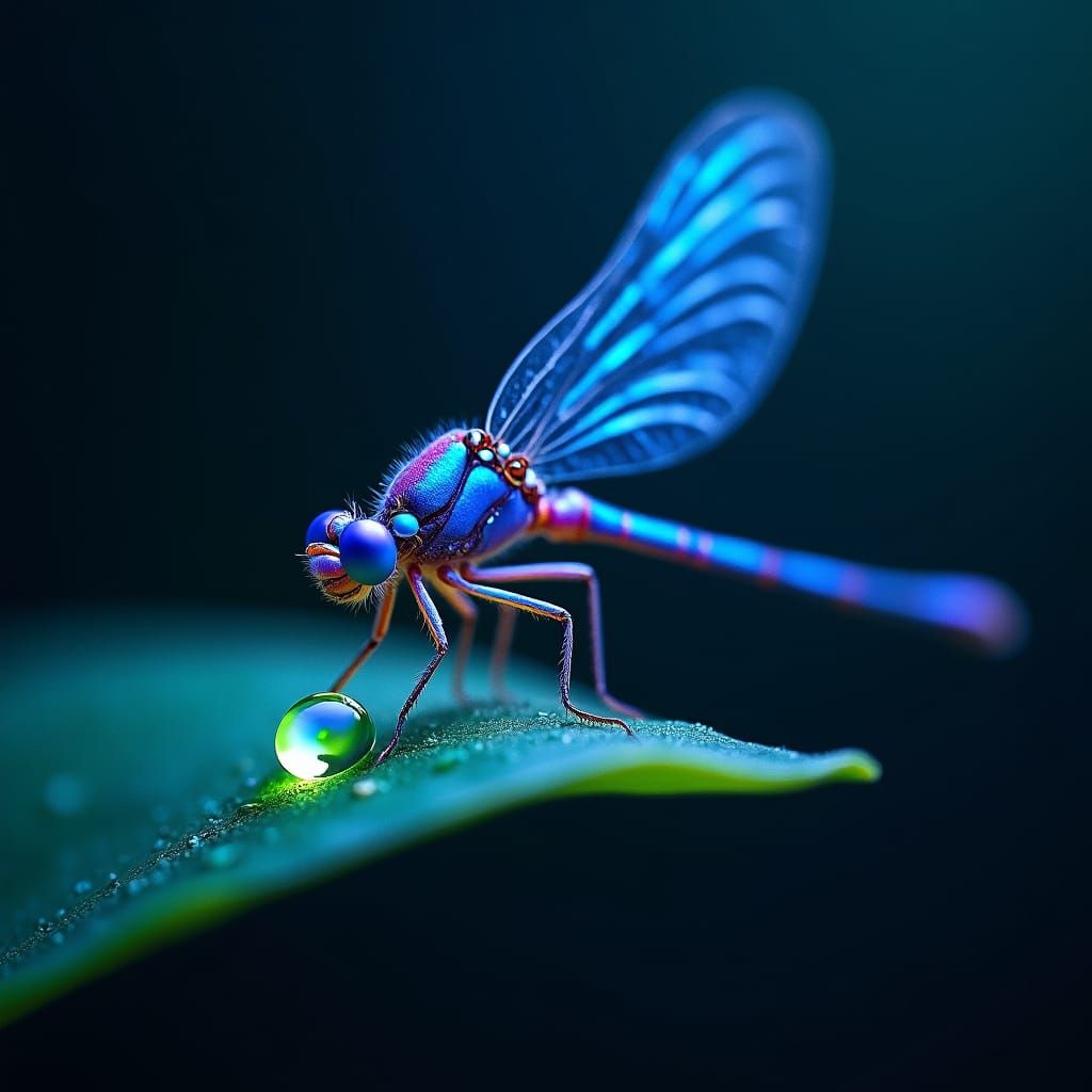 close-up detail of a blue dragonfly drinking from a drop  of fosforescent green water drip from a leaf, dark background ...