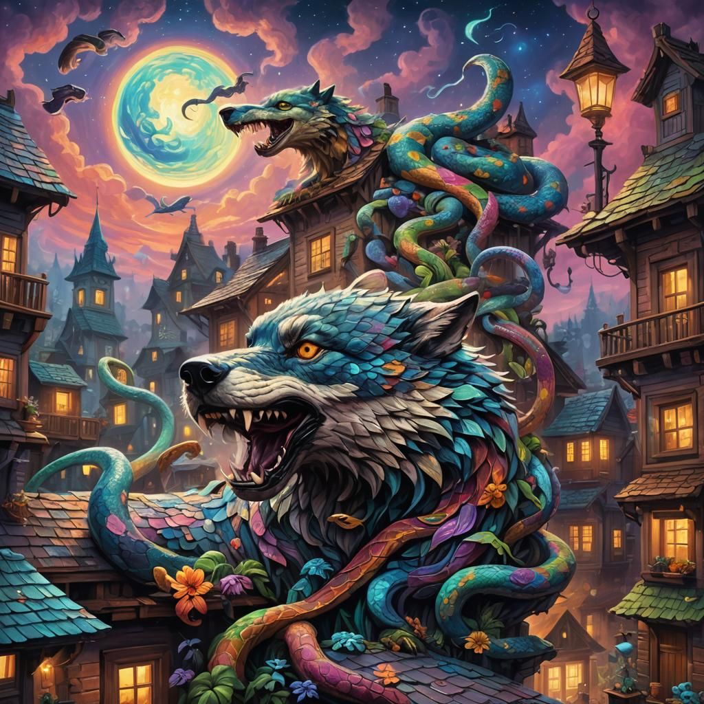 Wolf-Snake Party: Neo-Impressionistic Expressionist Oil Pain...