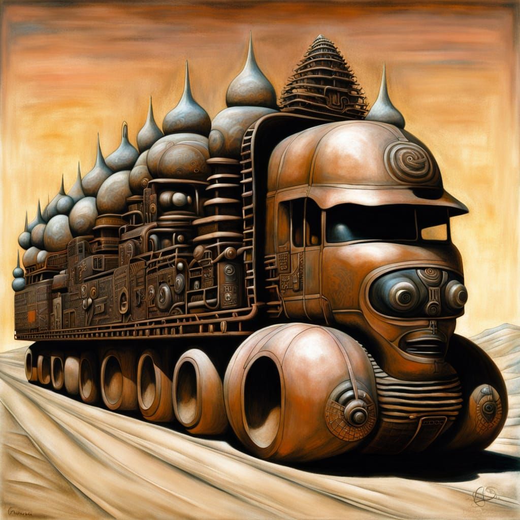 Surreal Biomechanical Sumo Buddha Truck in Dune Harkonnen St...