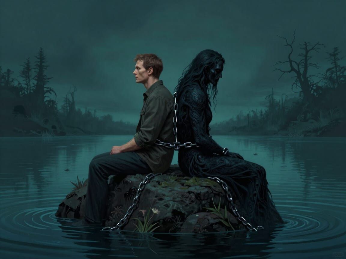 Man Chained to Shadow Self in Sinister Horror Landscape