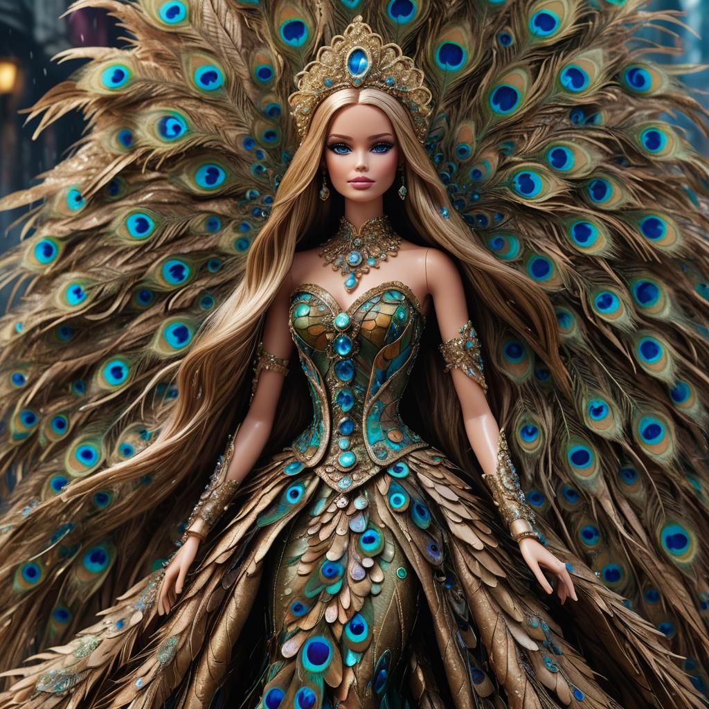Peacock Feather Barbie in Feather Rain, Digital Art
