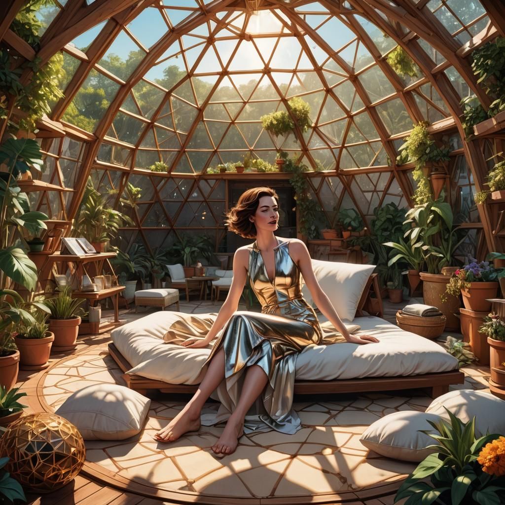 Anne hathaway sunbathing in a luxurious geodesic sleeping pod roof patio french female decor boho sacred geometry