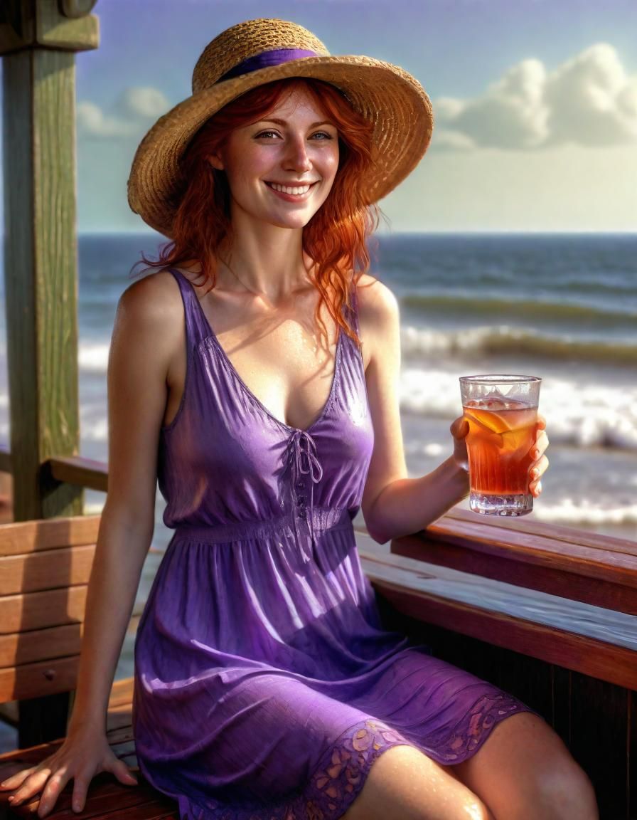 Auburn Beauty in Violet Sundress by Seaside