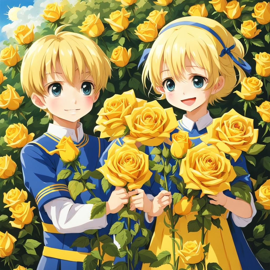 Medieval Children Gather Yellow Roses, Anime Style
