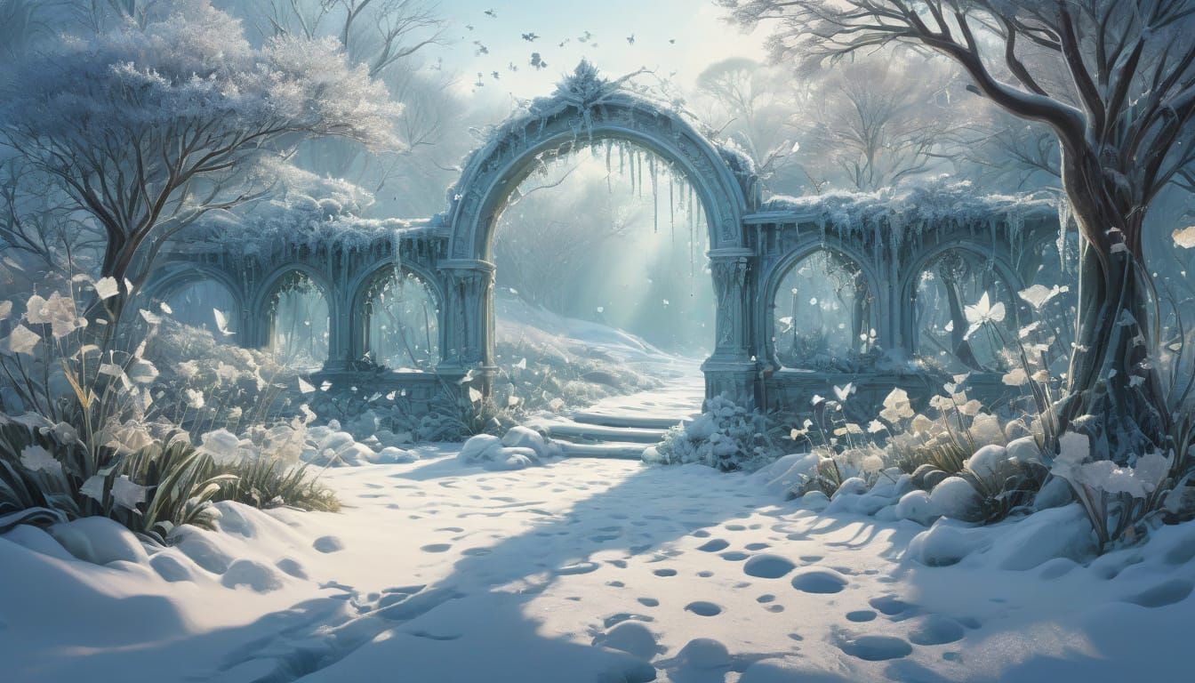 Magical Winter Garden with Frost Flowers and Snow Butterflie...
