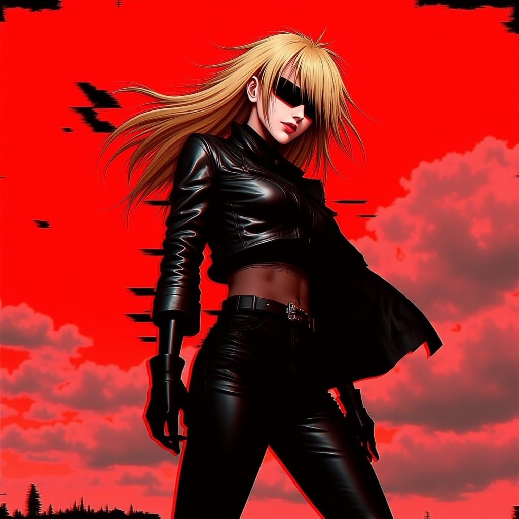 Cyberpunk Woman in Red Glitch Anime Style