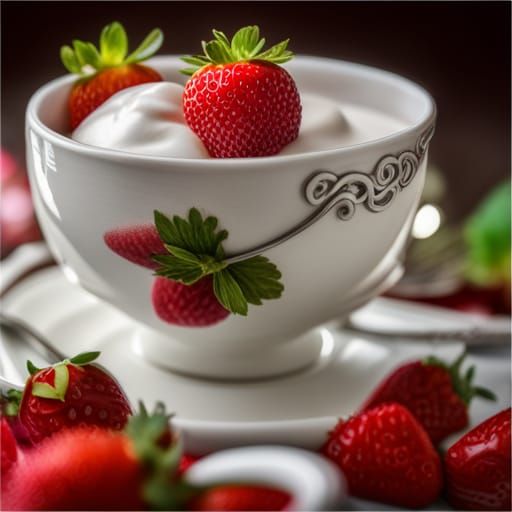 Strawberries and Cream Still Life in Art Nouveau Style