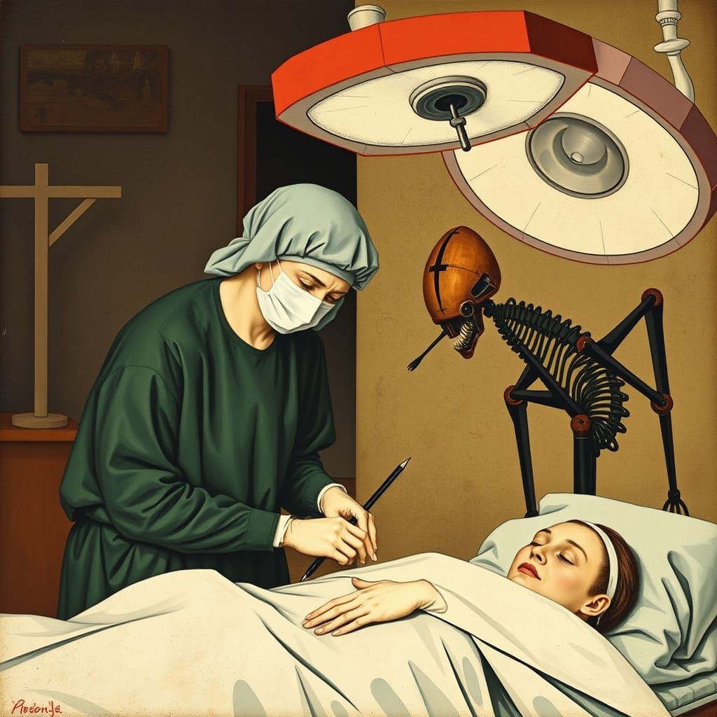 Dark Surrealistic Surgery Scene in Art Deco Style
